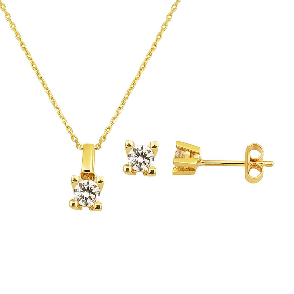 14 Carats Classique Solitaire Or Collier Boucle d'oreilleli Set