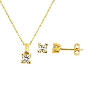 14 Carats Classique Solitaire Or Collier Boucle d'oreilleli Set