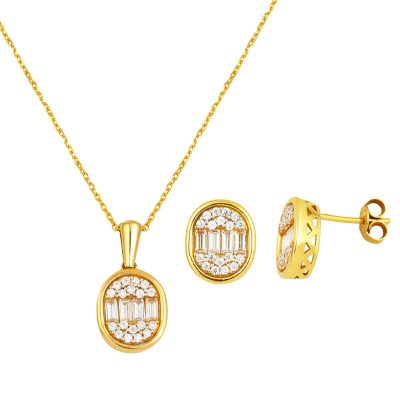 Kolye Ve Earringli Baguette 14K Gold Set