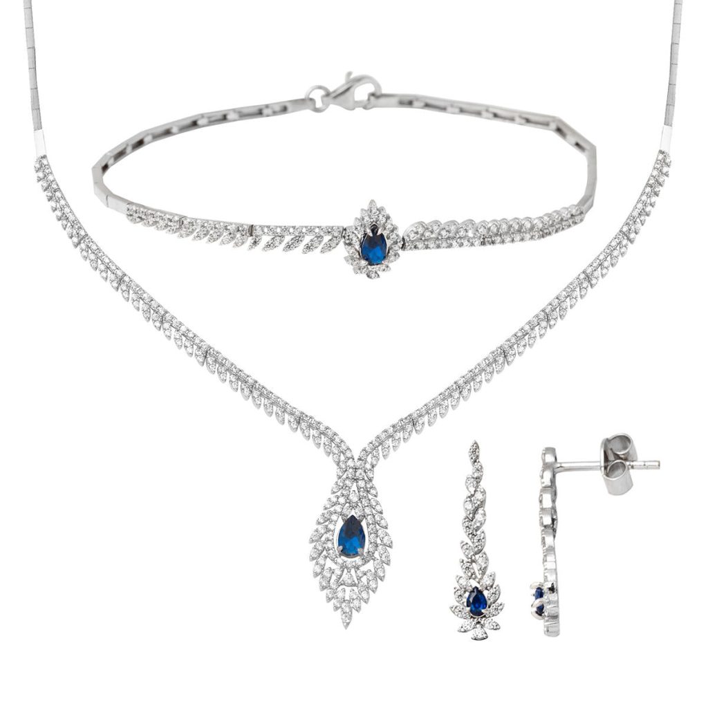 Bleu avec Pierres 14 Carats Blanc Or Set