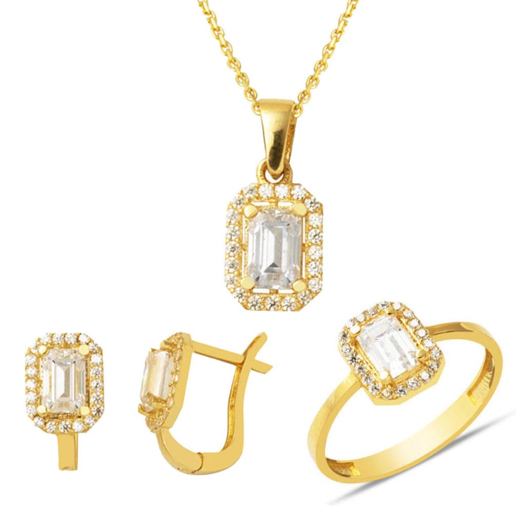 Baguette Tek with Stones 14 Karat Gold Three-piece Spor Set