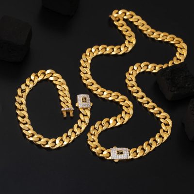 Desenli Curb Zincirli 22K Gold Takı Seti - 22K - 51g - EZ Gold