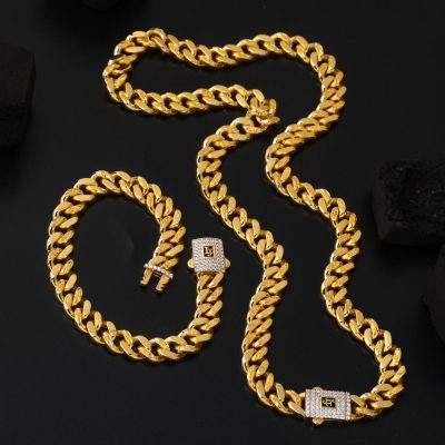 14K Gold Desenli Curb Zincirli Takı Seti - 14K - 37g - EZ Gold