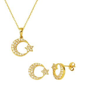 Moon Star Necklace Earringli 14 Karat Gold Spor Set