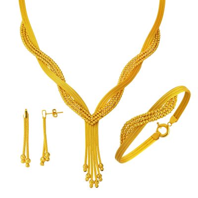 3 Rang Tressélü 14 Carats Or Düğün Seti