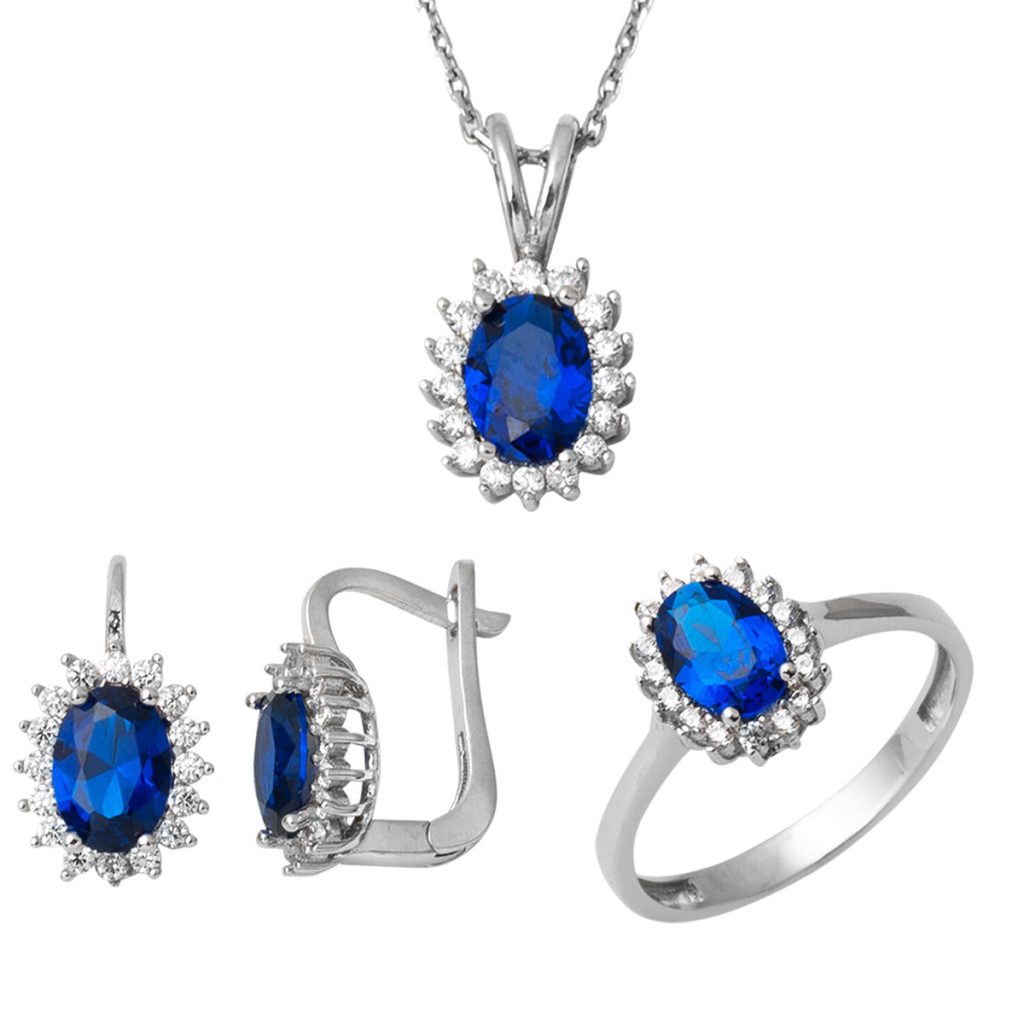 Bleu avec Pierres Blanc Or Trois pièces Parure