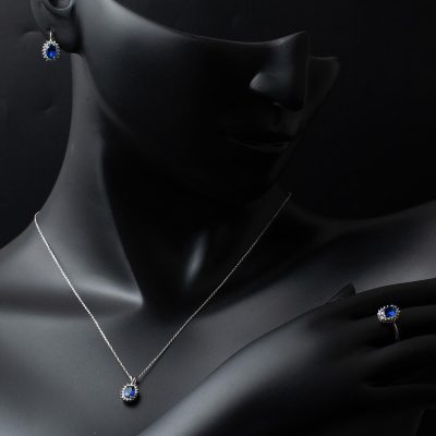 Mavi Taşlı Beyaz Altın Üçlü Set Takımı - 14K - 7.29g - EZ Gold