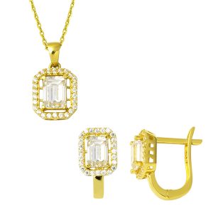 Baguette Necklace & Earringli 14 Karat Gold Set