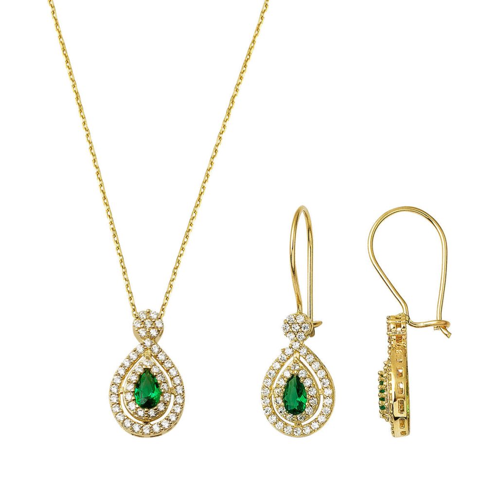 Green Drop with Stones 2’li Gold Set
