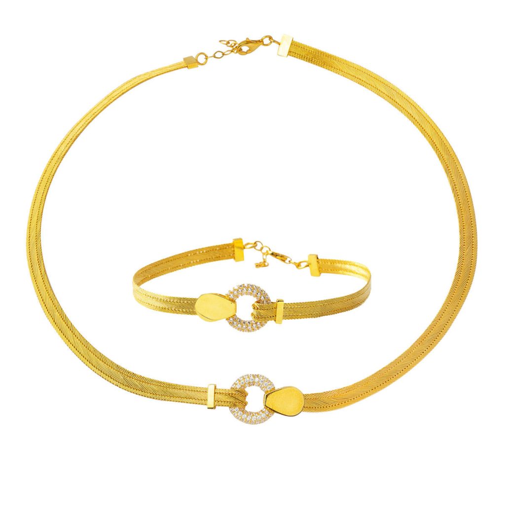 Suna Gerdanlık & Bracelet Tresse Or Set