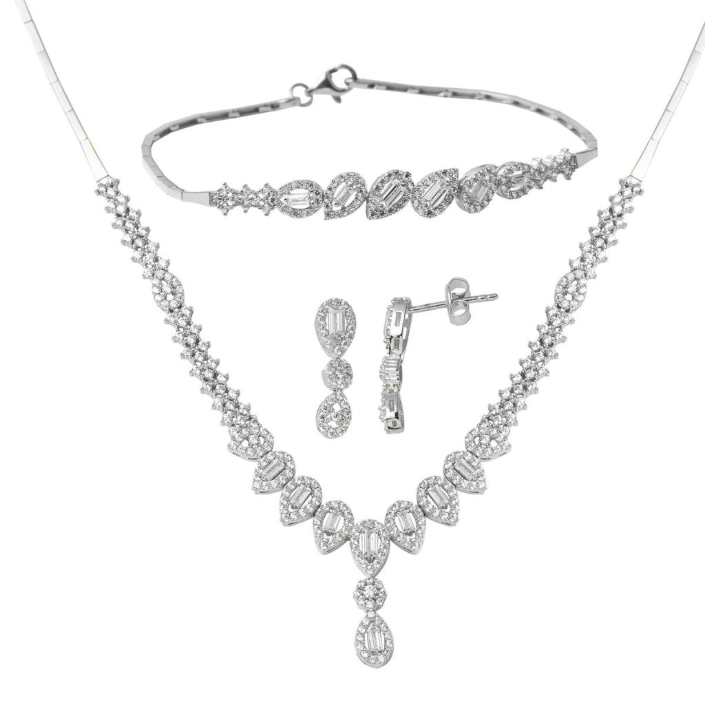 Drop Baguette with Stones White Gold Jewelry Set