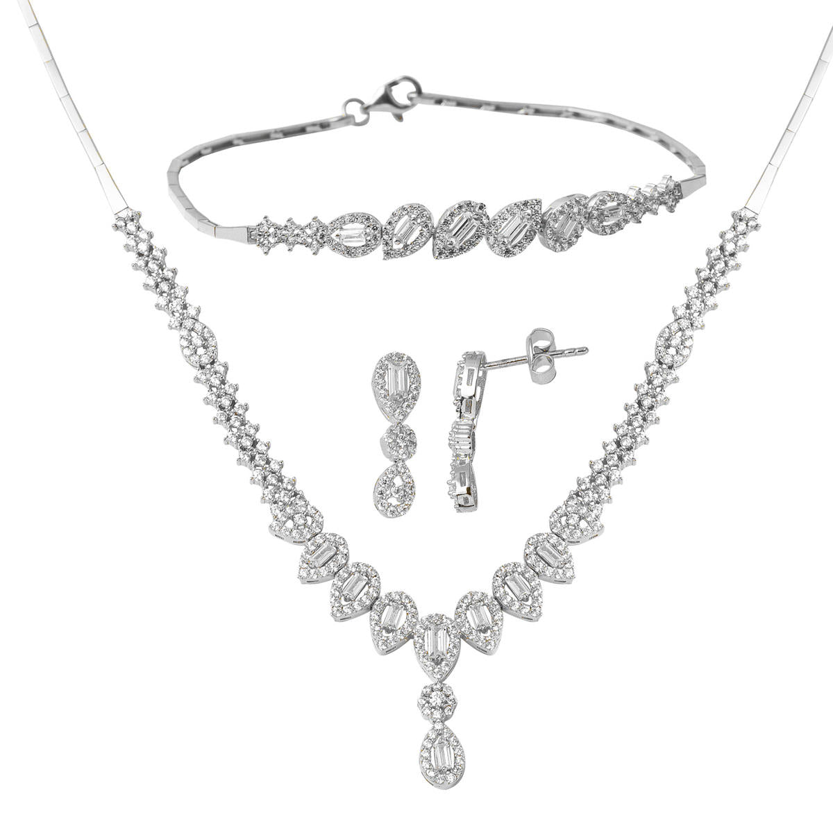 Drop Baguette with Stones White Gold Jewelry Set