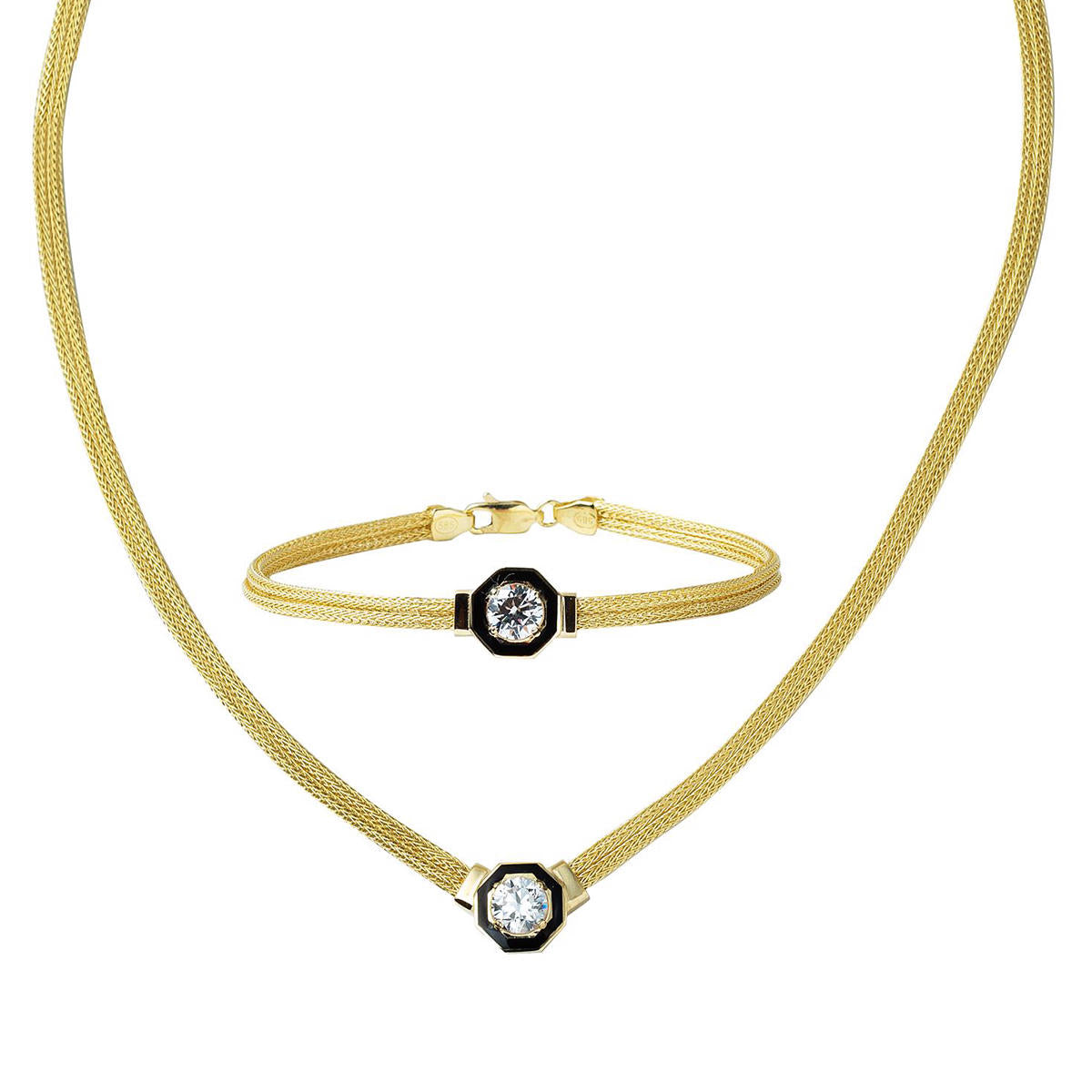Braided Chain Solitairelı Gold Jewelry Set