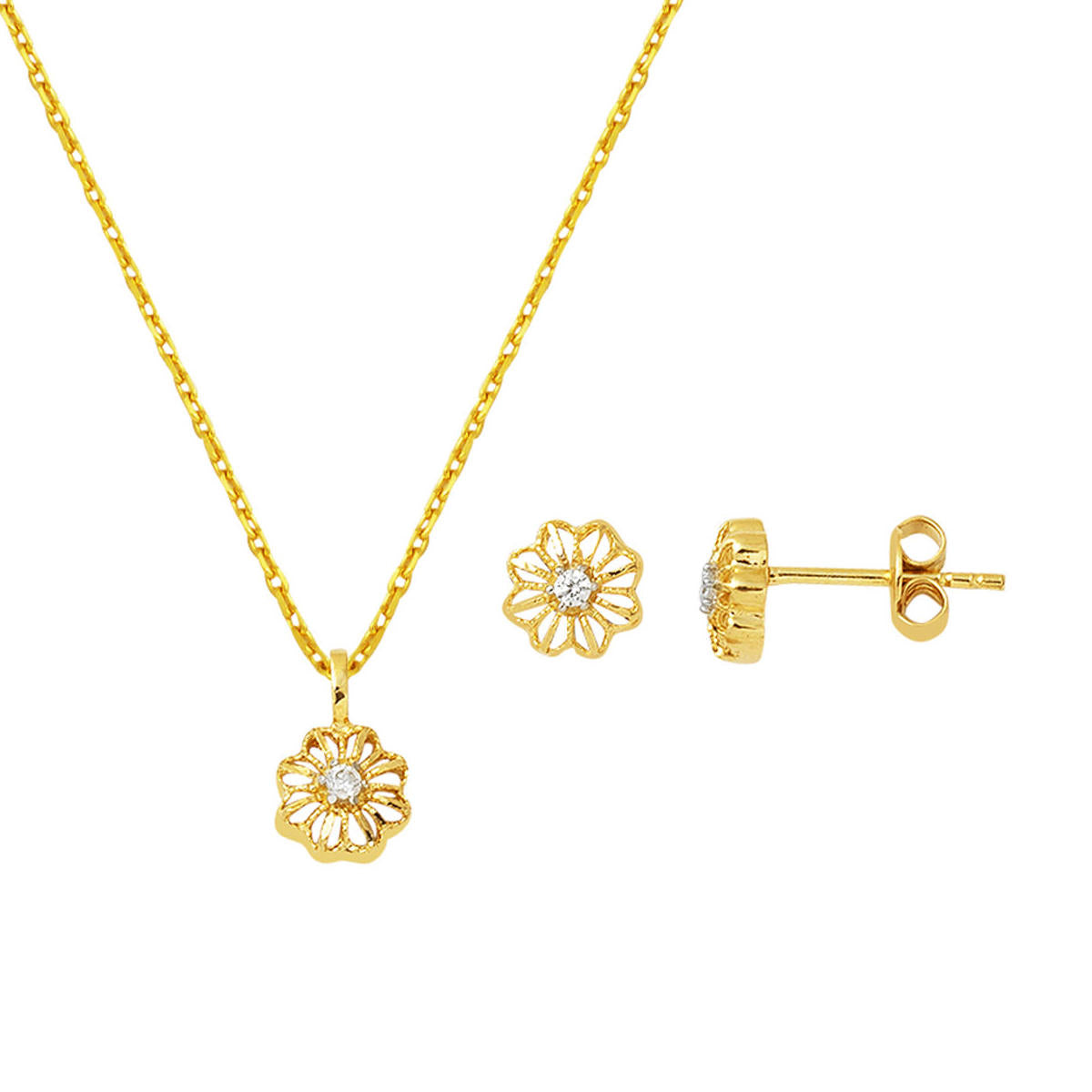 avec Pierres Fleur 14 Carats 2 pièces Or Set