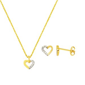 with Heart Necklace + Earringli 14 Karat Gold Set