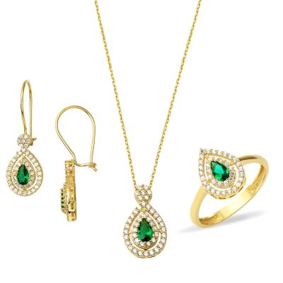 Green Drop with Stones 3'lü Gold Set