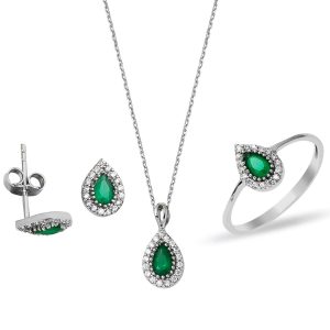 Drop Green with Stones 3’lü Gold Set