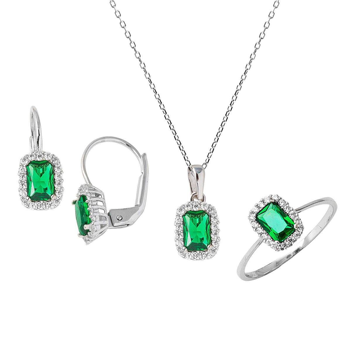 Green Baguette with Stones Three-piece Gold Set