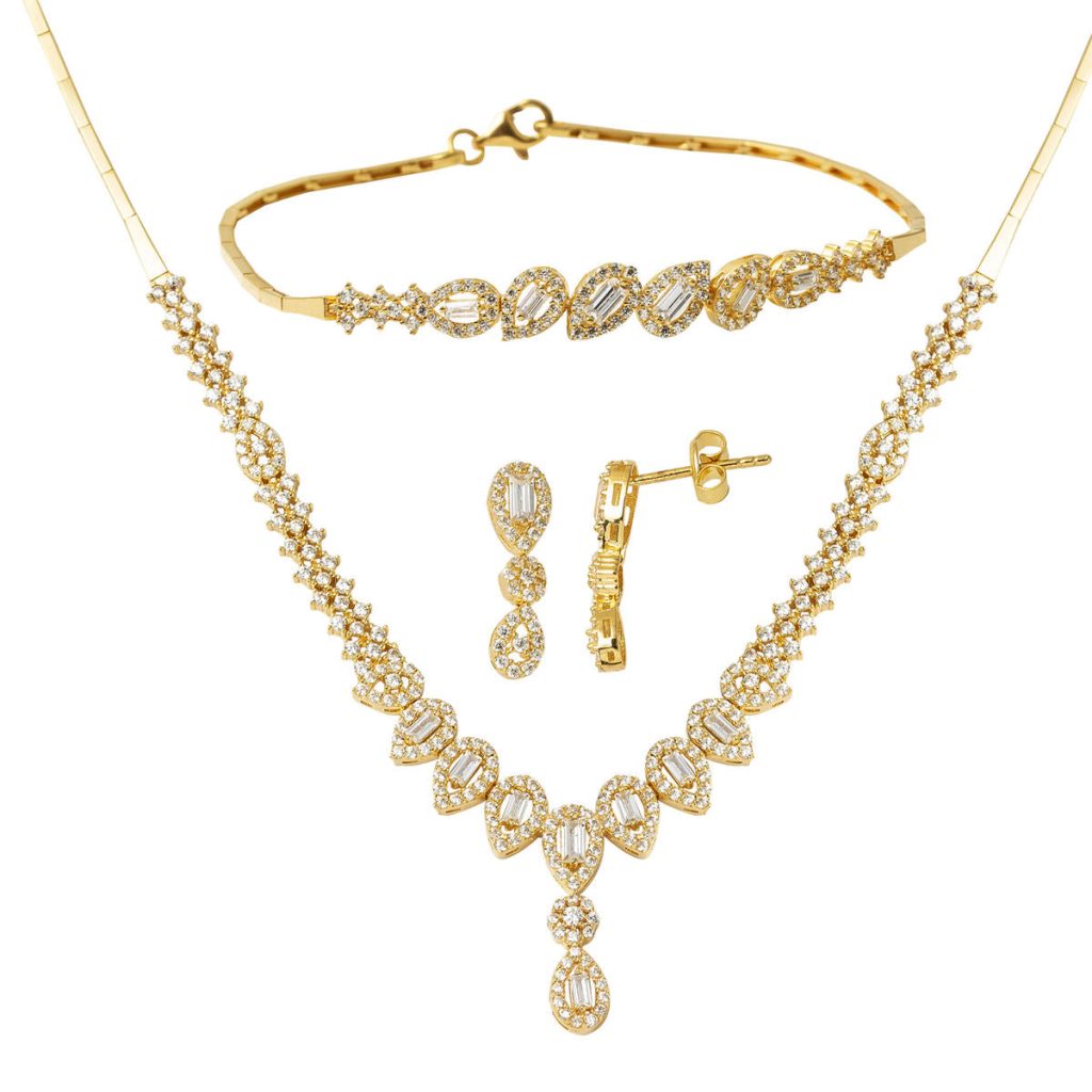 Drop Baguette with Stones Gold Jewelry Set