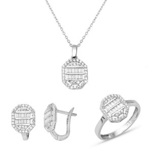 Köşeli 14 Karat White Gold Baguette Set