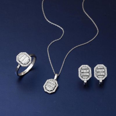 Köşeli 14 Ayar Beyaz Altın Baget Set - 14K - 6.23g - EZ Gold