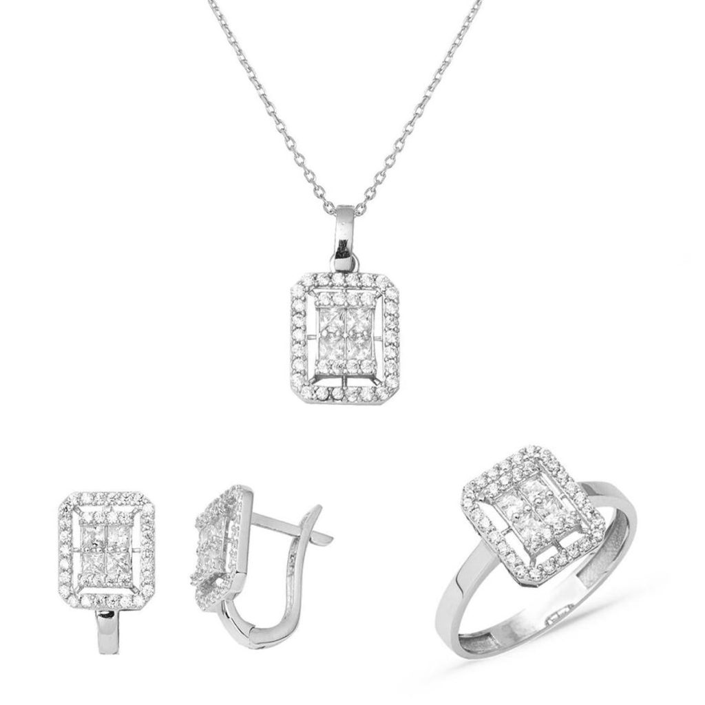 Square with Stones 14 Karat White Gold Baguette Set