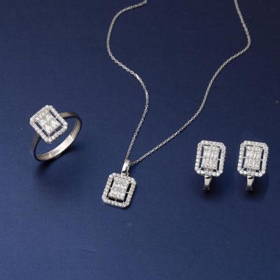 Kare Taşlı 14 Ayar Beyaz Altın Baget Set - 14K - 6.27g - EZ Gold