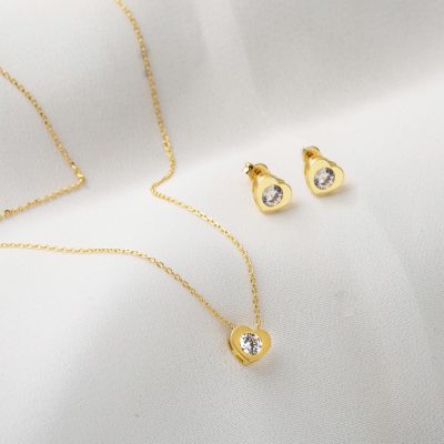 14 Ayar Tek Taşlı Kalpli Altın Set - 14K - 2.96g - EZ Gold