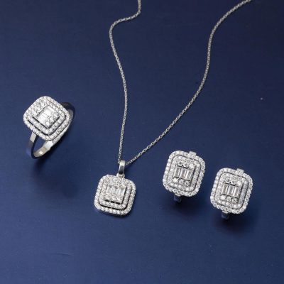 14 Ayar Beyaz Altın Baget Taşlı Set - 14K - 7.94g - EZ Gold