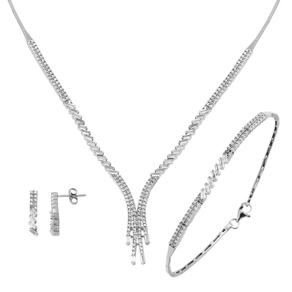 Baguette avec Pierres 14 Carats Blanc Or Filigrane Set