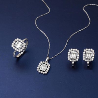14 Ayar Baget Taşlı Spor Beyaz Altın Set - 14K - 5.89g - EZ Gold