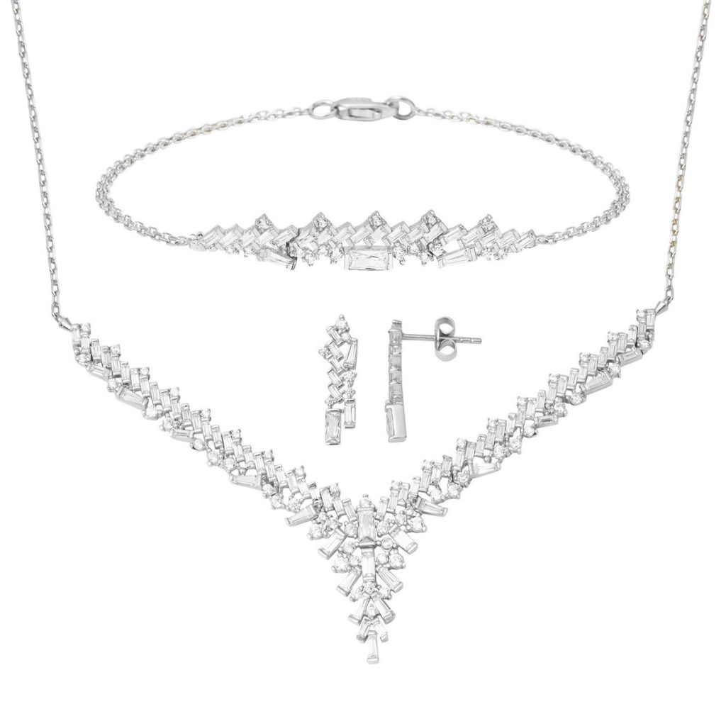 Baguette Design Blanc Or 14 Carats Fiancailles Parure