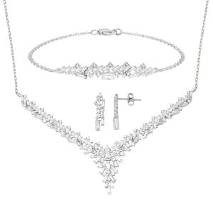 Baguette Design Blanc Or 14 Carats Fiancailles Parure