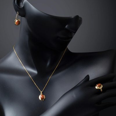 Akik Taşlı 14 Ayar 3lü Altın Takı Seti - 14K - 1.11g - EZ Gold