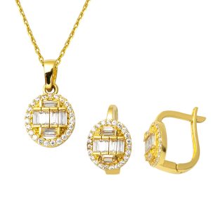 Baguette Necklace & Earringli 14 Karat Gold Set