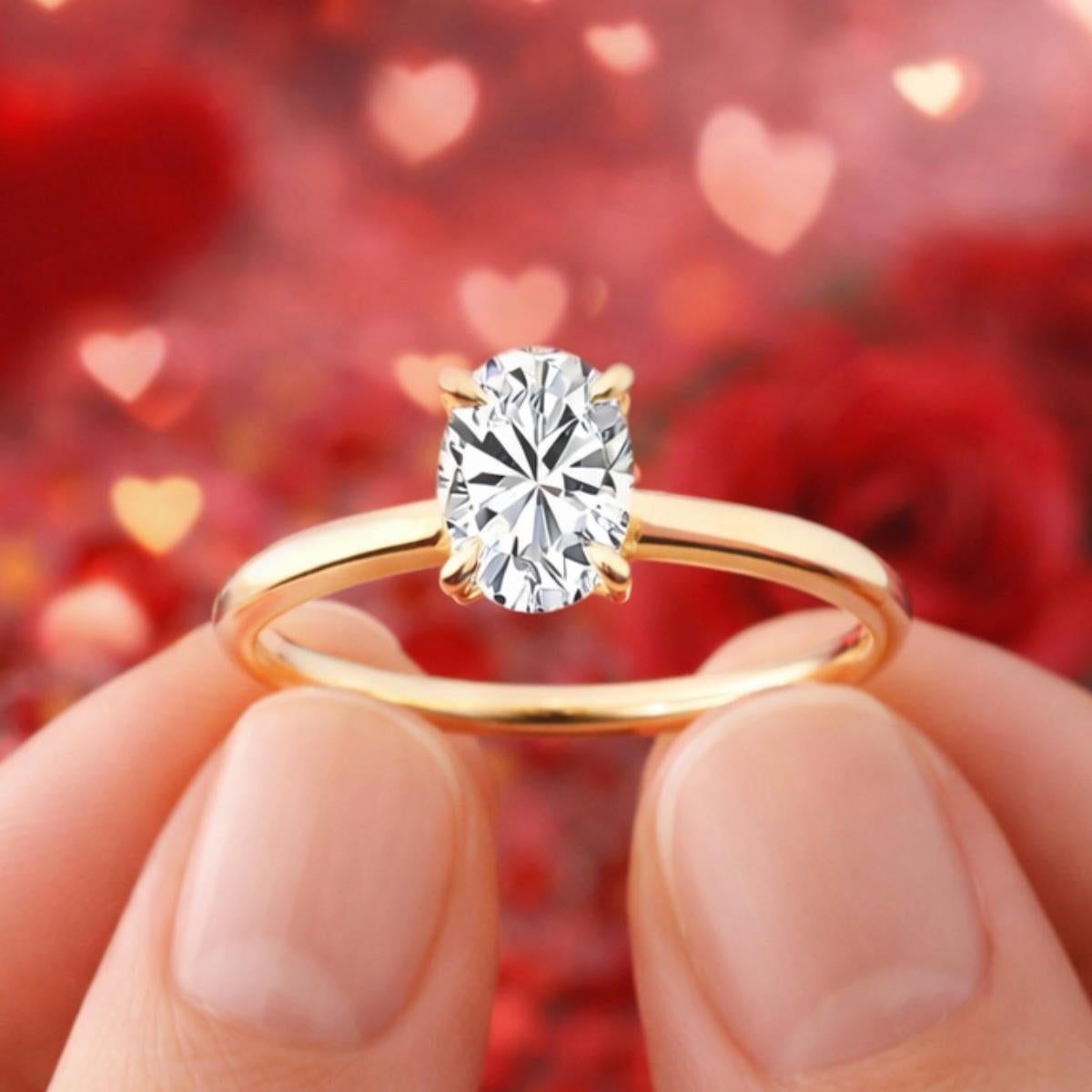 0,50 ct. Oval Kesim Mozanit Tektaş Yüzük - 14 Ayar Rose Altın - Görsel 3