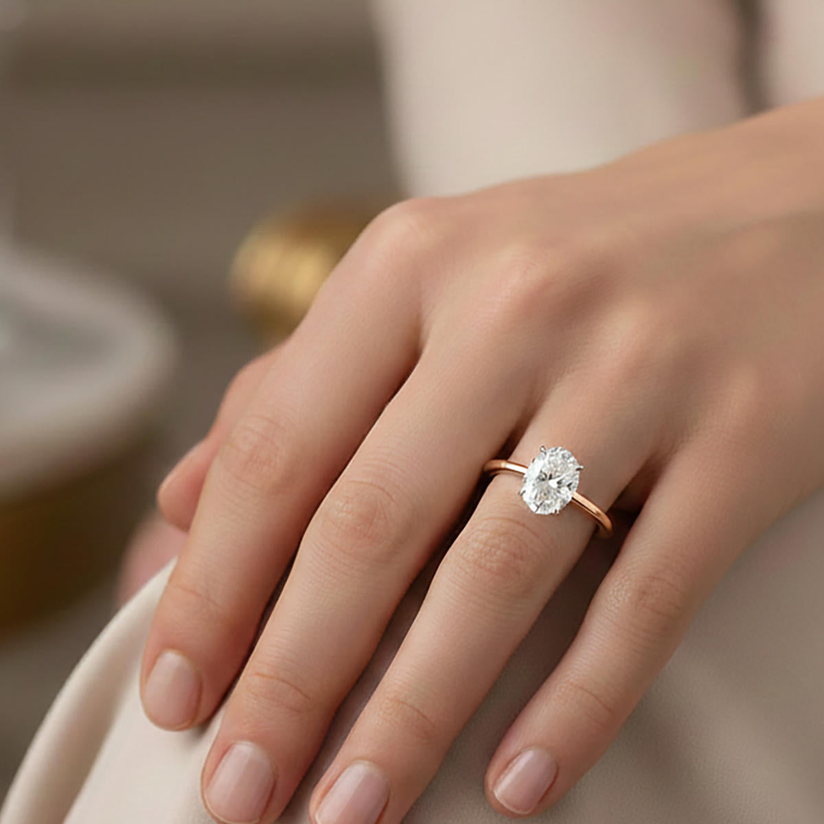 1,50 Karat Oval Kesim Mozanit Tektaş Yüzük - 14 Ayar Rose Altın - Görsel 4
