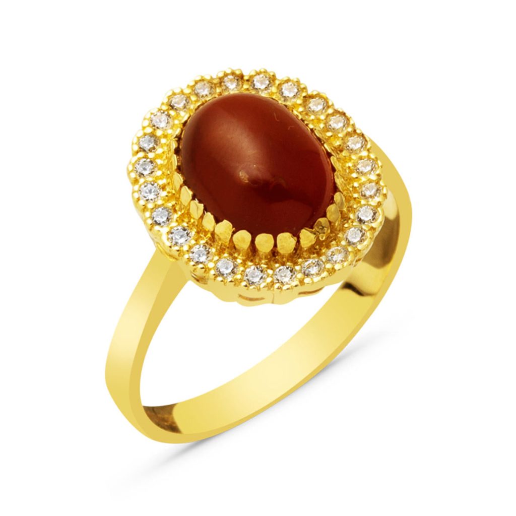 14 Karat Oval Akik with Stones Yellow Gold Ring