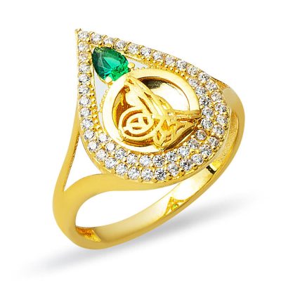 14K Green with Stones Drop Tuğra Gold Ring