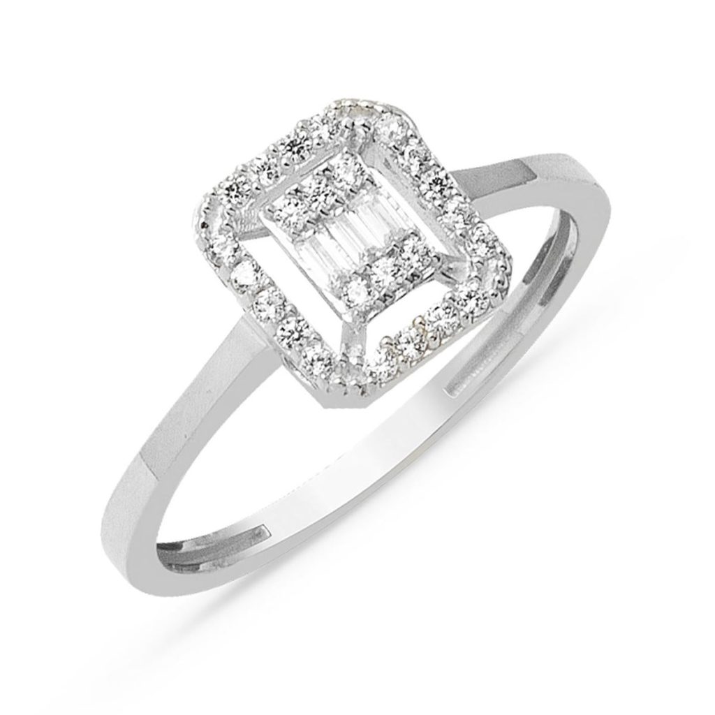 Baguette avec Pierres Blanc Or Bague