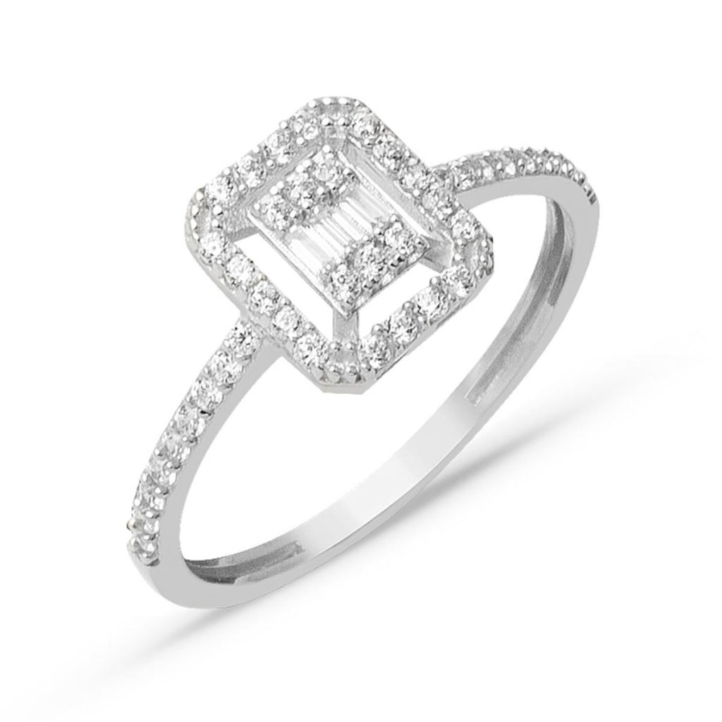 Parçalı Baguette avec Pierres Blanc Or Bague