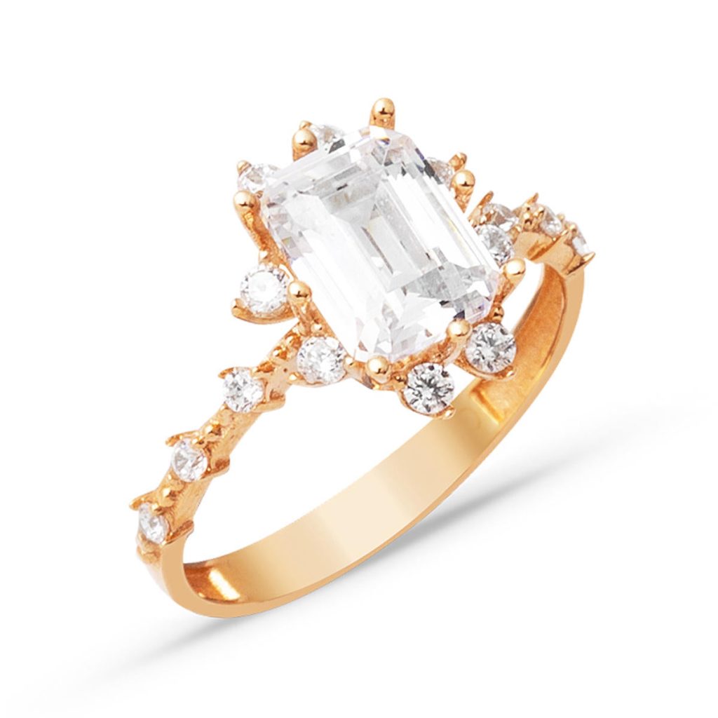 Baguette avec Pierres Rose 14 Carats Or Bague