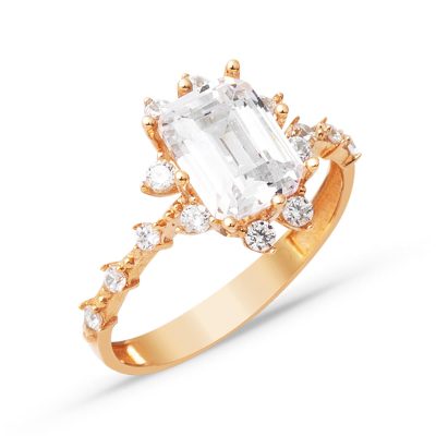 Baguette avec Pierres Rose 14 Carats Or Bague