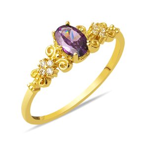 14 Karat Flower Motifli Purple with Stones Gold Ring