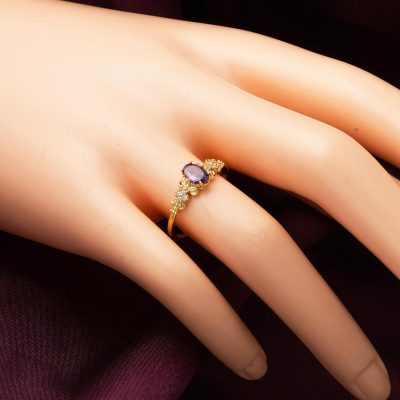 14 Ayar Çiçek Motifli Mor Taşlı Altın Yüzük - 14K - 1.63g - EZ Gold