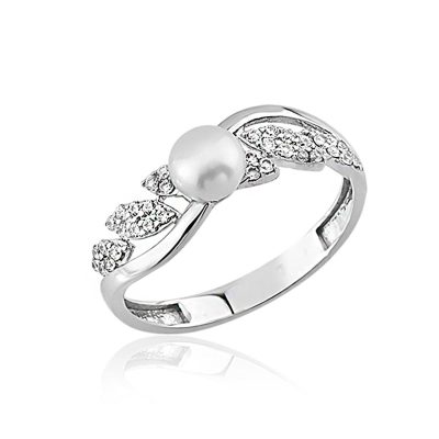 Feuille avec Perles Blanc Or Bague