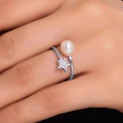 Star with Pearls White Gold Ring - 14K - 2.3g - EZ Gold