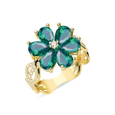Vert avec Pierres Fleur Or Bague