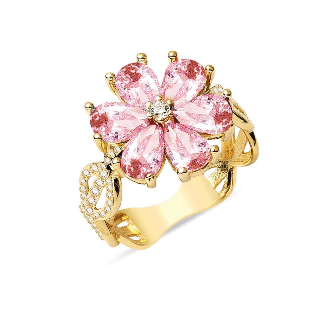 Rose avec Pierres Fleur Or Bague