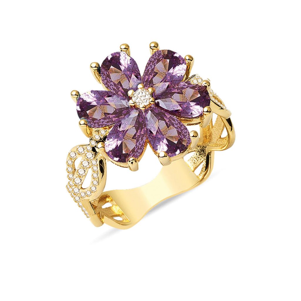 Violet avec Pierres Fleur Or Bague